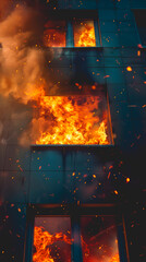 Fototapeta premium Un immeuble en feu avec des flammes sortant des fenêtres.