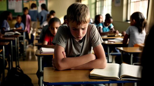 A boy is sitting at a desk isolated from the rest of the class. He looks sad and crestfallen. Concept of bullying.