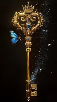 A magnificent golden key with a crown and butterfly design floating in a cosmic expanse, surrounded by sparkling elements. Perfect for concepts of magic and royalty.. AI Generation