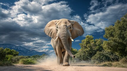 Fototapeta premium An elephant walking on a dirt path under a dramatic sky.