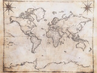 Antique world map illustration with detailed continents and compass roses.