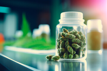 Container of cannabis leaves in a research lab setting, examining their role in medical treatments.