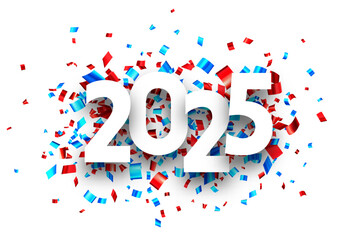 Dynamic vector illustration of 2025 featuring red and blue confetti on a clean white background, ideal for festive occasions.