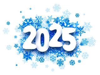 Festive 2025 New Year design with bold typography surrounded by vibrant blue snowflakes. Vector illustration for winter themes.