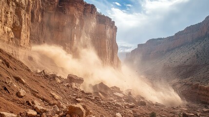 Dusty rockslide cascades down canyon walls.