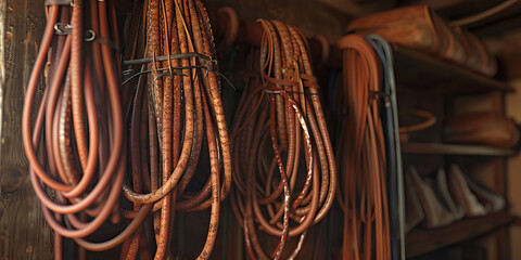 Collection of Brown Leather Hoses and Straps Hanging in Wooden Storage