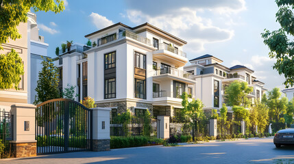 Fototapeta premium Apartment complex featuring residential buildings with gated access.
