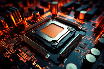 High-tech motherboard showcasing a powerful CPU and AI-driven processor.