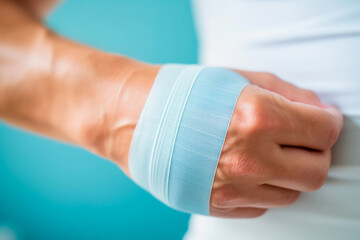 Bandage on wrist for healing from bursitis, tendonitis, or synovial cyst conditions.
