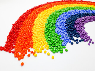 Various colors of masterbatch granules arranged like a rainbow, polymer carrier of color pigments in the plastic industry. Suitable for plastic company catalog design