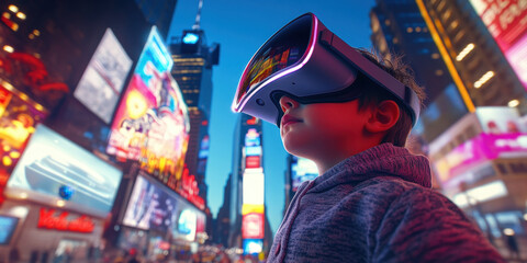 Fototapeta premium A child wearing virtual reality goggles engages with an immersive experience in Times Square, surrounded by bright neon signs and bustling nightlife, reflecting excitement and wonder.