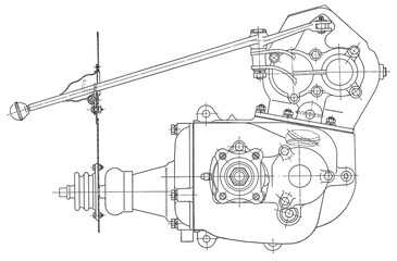 Transmission, gearbox of truck.
Engineering automotive mechanical drawing of steel 
device. Industrial cad scheme on white paper sheet. 
Technology design of machine building industry. 