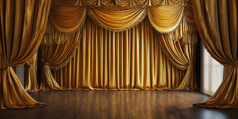 A luxurious stage set with shimmering golden curtains and a polished wooden floor, illuminated by warm spotlighting, evoking elegance and drama.