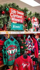 Naklejka premium Festive Retail Display of Ugly Sweater Contest Winners for Holiday Decor Inspiration