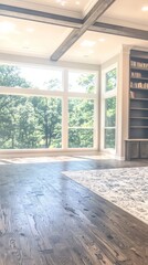 Fototapeta premium Bright, spacious room with large windows overlooking greenery.