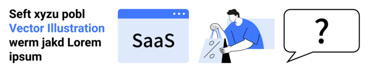 SaaS window, person interacting with data, and question bubble. Ideal for technology, software, user interaction, information, business solutions digital tools and communication concepts. Landing