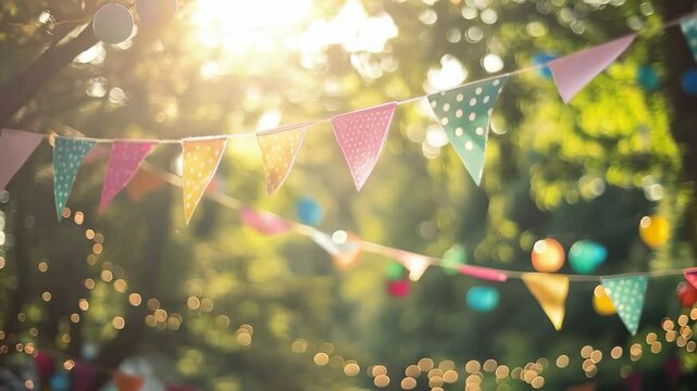 Colorful bunting flags strung between trees in a sunny outdoor setting, creating a festive and joyful atmosphere. Concept of a cheerful, outdoor celebration.
 