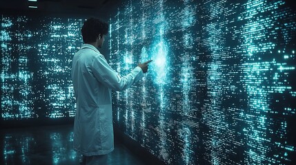 Scientist Interacting with Futuristic Holographic Displays in Sleek Laboratory Environment