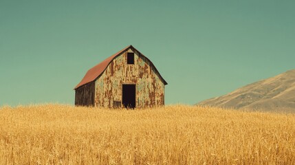 Obraz premium Rustic barn on golden wheat field under clear sky.