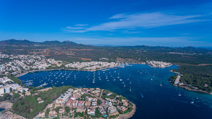 Aerial view of the entrance to the bay and the anchorage on the island of Mallorca in Spain