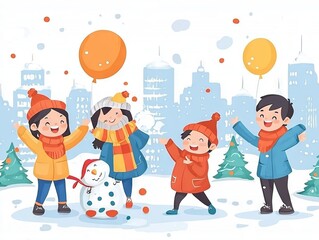 Fototapeta premium Children playing in the snow, building a snowman with balloons in winter.