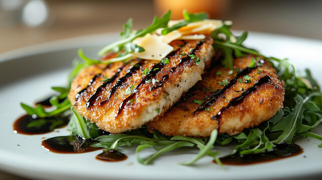 Grilled schnitzel on arugula with balsamic glaze