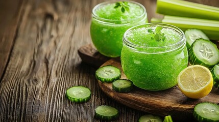   A cutting board made from wood is shown with green-colored cucumbers and a jar filled with green liquid next to the sliced cucumber
