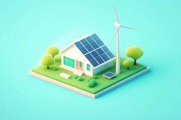 Eco-friendly house with solar panels and wind turbine on lush green lawn against teal background – sustainable energy and modern architecture concept