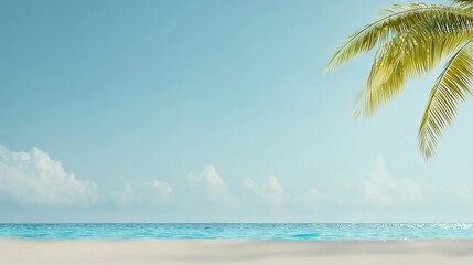   A picture of a beach with a palm tree in the foreground and a vibrant blue sky in the backdrop