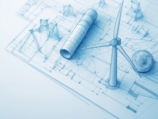 Blueprints and model of wind turbine on plans for sustainable energy design and innovation concepts