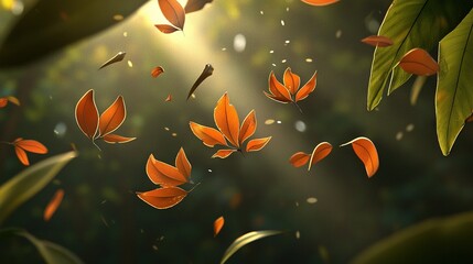   Oranges suspended in midair beneath radiant sunbeams filtering through the foliage on the canvas