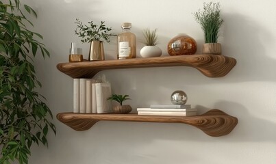 Stylish wooden shelves with plants and decorative objects. AI.