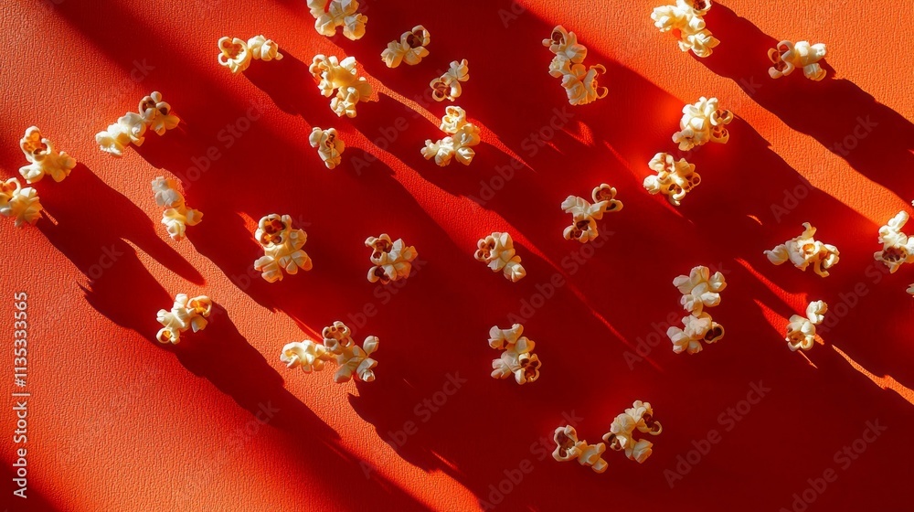 Poster a red background with a bunch of popcorn on it