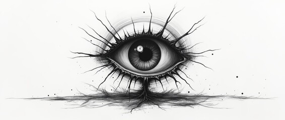 Fototapeta premium An isolated black and white eye illustration, surreal.