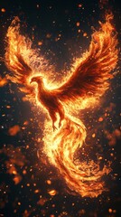 Fiery bird in flight. AI.