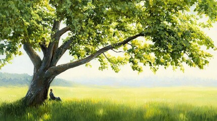 Obraz premium Person under tree in grassy field Large, green, leafy tree