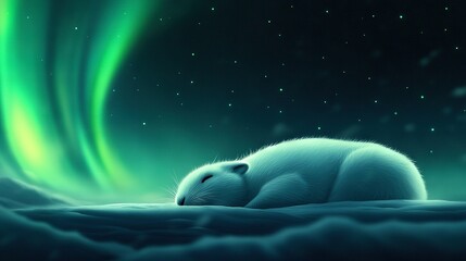 Naklejka premium A polar bear rests amidst snow while auroras light up the backdrop A polar bear stands in the foreground