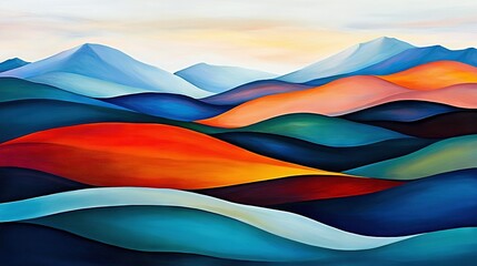 Fototapeta premium Mountain range painting in hues of blue, orange, yellow, and green, with cloudy sky in background