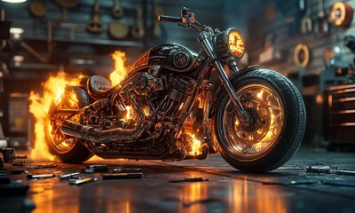 Fiery Custom Chopper Motorcycle in a Dark Garage - Powered by Adobe