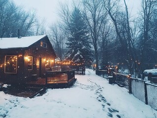 Naklejka premium Cozy cabin in a snowy landscape adorned with warm lights.
