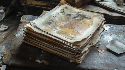 Obraz premium Damaged papers, aged, stacked, writings, surface.