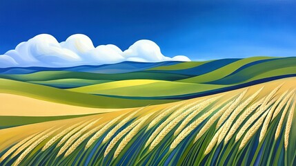 Obraz premium A stunning image of a wheat field beneath a clear blue sky, dotted with billowy white clouds