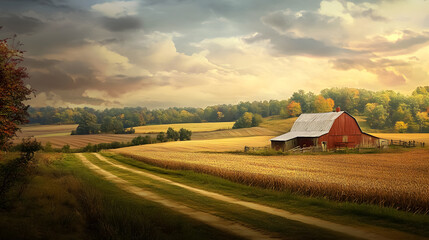 Artistic countryside landscape featuring rural farms and fields