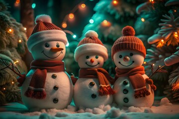 Cute snowmen wearing winter hats in front of snowy landscape