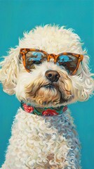 : A calm Bichon Frise with stylish, tortoiseshell glasses, sitting contentedly against a solid turquoise background. The glasses enhance the dog???s cheerful and warm personality.