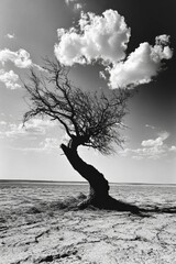 Barren landscape, windswept tree, cloudy sky.