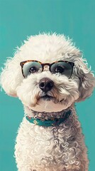 : A calm Bichon Frise with stylish, tortoiseshell glasses, sitting contentedly against a solid turquoise background. The glasses enhance the dog???s cheerful and warm personality.