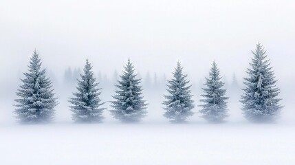 Naklejka premium A row of snow-covered evergreen trees in a foggy Canadian Rockies forest on a winter's day