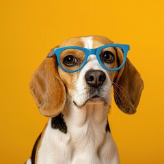 : A curious Beagle wearing small, square blue glasses, standing alertly against a solid yellow background. The glasses give the dog a focused and inquisitive look.