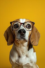 : A curious Beagle wearing square, brown-rimmed glasses, sitting attentively against a solid yellow background. The glasses give the dog an inquisitive and thoughtful expression.